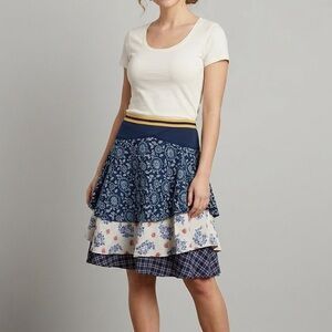Free People Tiered Ruffled Blue & White Floral Print Knee Length Skirt